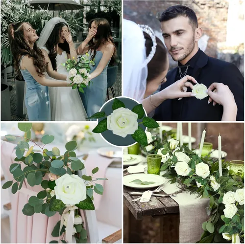 Miniatura 7 de SWEETIME Flores falsas para decoración, 50 ramos de rosas de espuma en caja, hojas verdes, paquete de cabeza de rosa sintética blanca crema