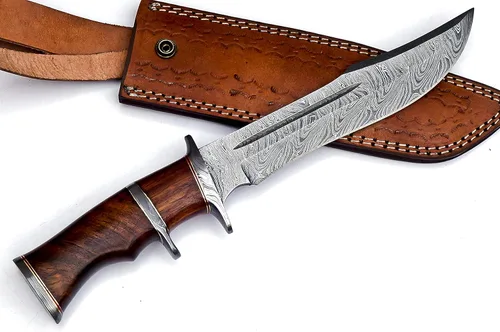 Miniatura 7 de Nooraki - Cuchillo de caza de acero de Damasco hecho a mano, de hoja fija de 33 cm con funda de piel, cuchillo multiusos con mango de madera de palo