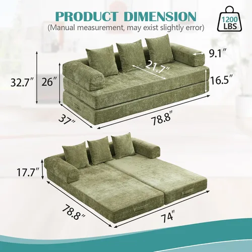 Miniatura 2 de Sofá cama convertible, cómodo colchón plegable, sofá cama modular plegable seccional, sofá plegable con 3 almohadas y reposabrazos, sofás para sala