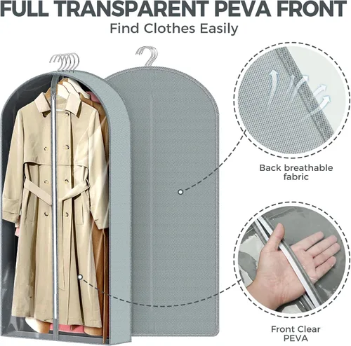Miniatura 2 de Paquete de 2 bolsas transparentes de 60 pulgadas para colgar ropa, bolsas de traje para almacenamiento de armario, almacenamiento de ropa, bolsas