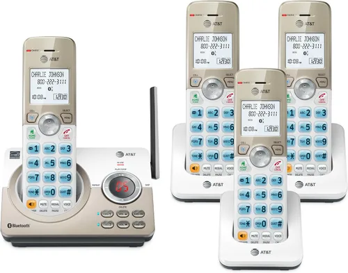 AT&T DECT 6.0 Teléfono inalámbrico, 4 auriculares, bloqueador de llamadas inteligente, conexión Bluetooth a celda, contestador automático, pantalla
