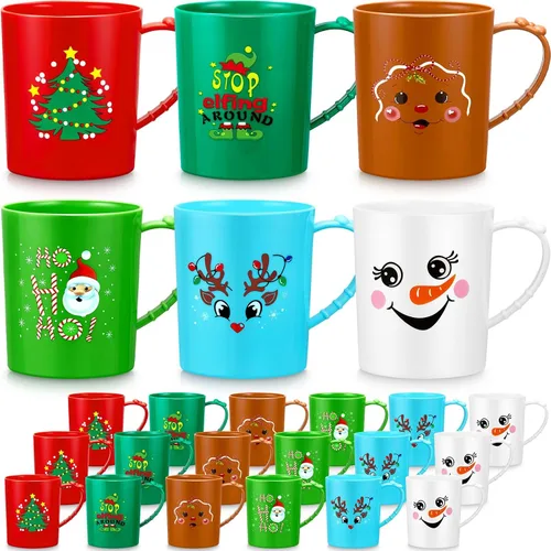 Miniatura 8 de Suclain 6 tazas de plástico – Tazas de café de Navidad y vacaciones de 15 onzas con asa – Tazas de Papá Noel y muñeco de nieve para niños
