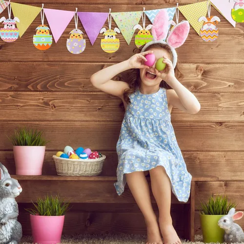Miniatura 5 de Qunclay 40 piezas de adornos de Pascua, huevos de Pascua, huevos de Pascua, letreros colgantes para árbol, conejo, rebanadas de madera, recortes