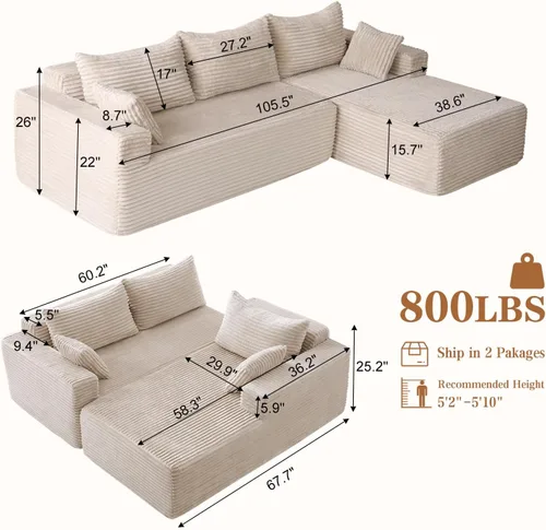 Miniatura 3 de PARKOL Sofá modular Cloud de 105 pulgadas con diván en forma de L, moderno sofá modular con asiento profundo, sofás tapizados para sala de estar