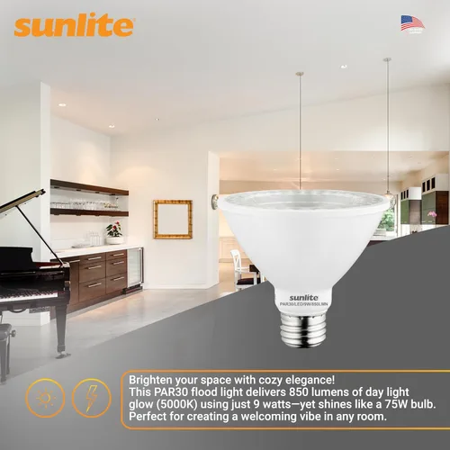Miniatura 5 de Sunlite 40982-SU - Bombilla LED PAR30 de cuello corto, 9 vatios, (equivalente a 75 W), 850 lúmenes, base de tornillo medio (E26), regulable, 5000K