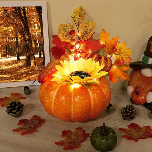 Miniatura 7 de Temporizador y preiluminado: decoraciones de Acción de Gracias, calabaza, calabaza artificial con hojas de arce, girasol, bayas, 20 luces LED