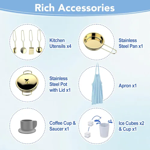 Miniatura 5 de BRINJOY Cocina de Juguete para Niños, Juego de Cocina de Madera para Niños con Cafetera, Horno, Estufa, Fregadero, Delantal, Máquina de Hielo, Azul