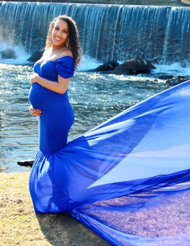 Miniatura 7 de Vestido de gasa de maternidad con hombros descubiertos para accesorios de fotos, vestido largo de fotografía para sesión de fotos