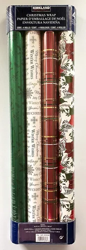 Kirkland Signature 4 rollos de papel de regalo de Navidad, 180 pies cuadrados, flor de pascua, a cuadros, blanco hueso, verde