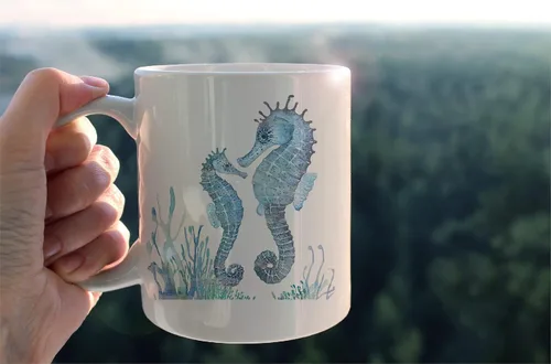 Miniatura 3 de kunlisa Taza de cerámica de caballito de mar con acuarela, diseño de caballitos de mar para parejas, taza de café con leche de 11 onzas, regalos