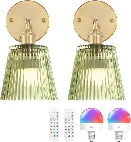 Miniatura 13 de Shenmoyl Juego de 2 apliques de pared vintage con pantalla de vidrio a rayas ámbar, apliques de latón ajustables de 180 grados, con cable de Raya