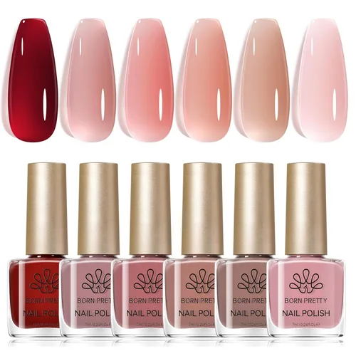 Born Pretty Juego de Esmaltes de Uñas Gelatinosos, 6 Colores Burdeos Rojo Marrón Nude Rosa Colores Naturales Esmalte de Uñas de Secado Rápido 6