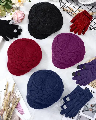Miniatura 16 de SATINIOR Juego de 4 gorros y guantes de invierno para mujer, gorro de punto cálido, gorro de esquí de nieve con visera y guante para pantalla rojo