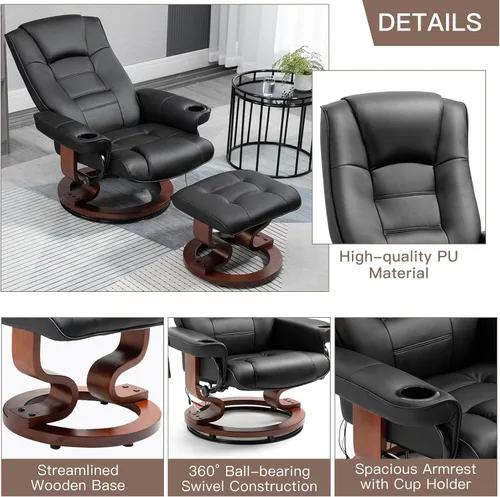 Miniatura 6 de AVAWING Silla reclinable con masaje por vibración, reclinable, de piel sintética, con otomana, giratoria, de madera, para sala de estar, color negro