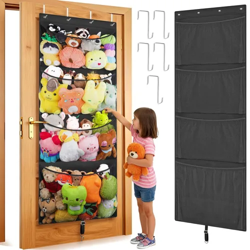 Miniatura 9 de Woodoulogy Almacenamiento de Animales de Peluche Colgantes, Organizador Grande de Juguetes de Felpa Sobre la Puerta con Gancho de Metal, Idea de Gris