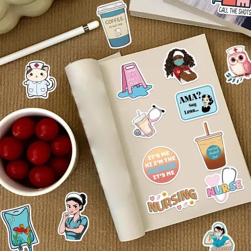 Miniatura 4 de Divertidas calcomanías para enfermeras para niñas, enfermeras adultas, 100 unidades, lindas calcomanías estéticas de enfermería impermeables