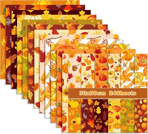 Bloc de papel de 24 hojas con tema de Acción de Gracias, papel decorativo de doble cara de 12 x 12 pulgadas, papel de patrón de otoño, paquete de