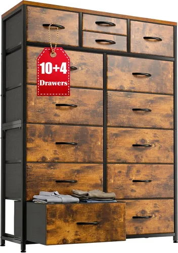 Cómodas para dormitorio con 14 cajones de almacenamiento, cómodas y cajones de almacenamiento, marco de metal resistente y parte superior de madera,