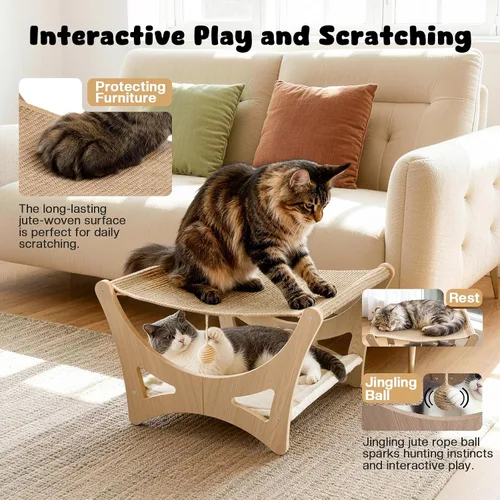 Miniatura 5 de Cama hamaca para gatos de doble capa, camas elevadas de madera para gatos con alfombrilla rascador de sisal natural, cama rascador para gatos