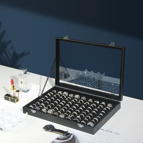 Miniatura 7 de Coward Joyero organizador de anillos, caja de terciopelo negro con 100 ranuras para anillo, bandeja de exhibición con tapa de vidrio transparente