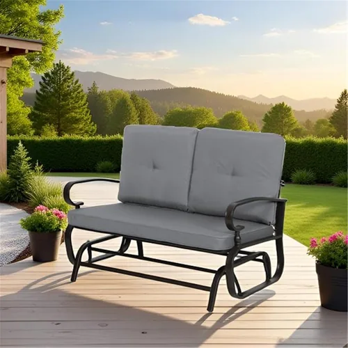 Miniatura 10 de SUNCROWN Silla mecedora al aire libre, silla mecedora de 2 asientos para patio, sofá biplaza con cojines, muebles de marco de acero, color marrón