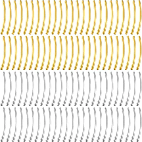 Miniatura 8 de PAGOW 300 cuentas de tubo, cuentas curvadas de fideos de 0.98 pulgadas, cuentas espaciadoras doradas y plateadas para hacer joyas, collares