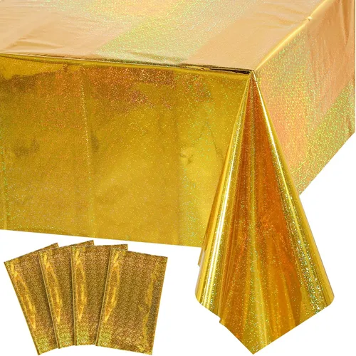 Miniatura 11 de Paquete de 8 manteles de plástico iridiscente brillantes desechables láser rectangulares, cubiertas de mesa de papel holográfico iridiscente, Rosa
