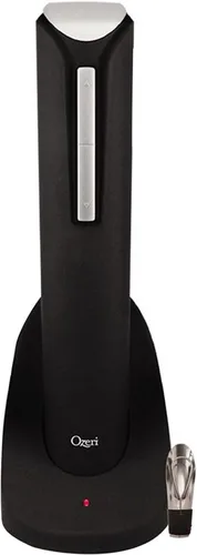 Ozeri Abrebotellas eléctrico Pro con vertedor de vino, tapón, cortador de papel de aluminio y elegante soporte de recarga, color negro