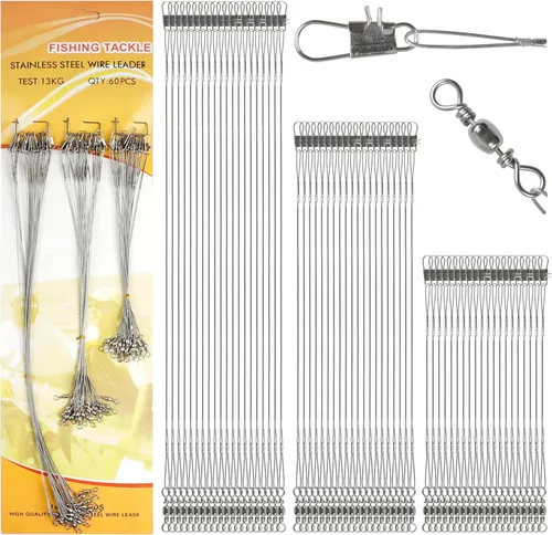 OROOTL Fishing Leaders Kit, 60pcs Stainless Steel Fishing Leaders Saltwater Wire Leader Lines with Swivels Snaps Fishing Tackle Lures Bait Hook