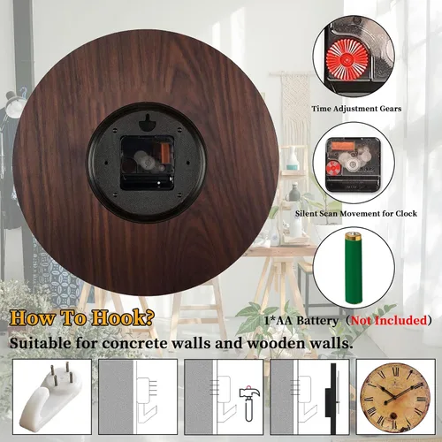 Miniatura 3 de Reloj de pared rústico grande, silencioso, funciona con pilas, para sala de estar, estilo vintage, de 24 pulgadas, sin tictac, para cocina