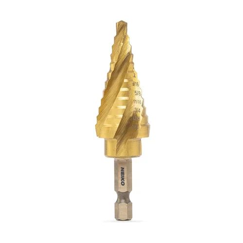 Miniatura 34 de NEIKO 10602A Step Drill Bit, 13 Steps 1/8" to 1/2" Spiral High Speed Steel, Titanium Nitride Coated, 1/4" Quick Change Step Bits for Steel, Metal