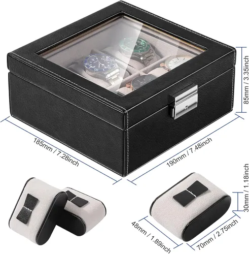 Miniatura 3 de BareTulip Caja organizadora de reloj para hombre, caja de reloj con 6 ranuras, caja de reloj de piel sintética con ventana de vidrio y cerradura