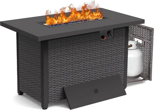 Mesa para fogata de 42 pulgadas para exteriores de gas propano para exteriores, 50,000 BTU de encendido automático, mesa de ratán para exteriores