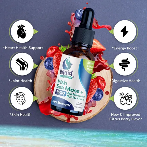 Miniatura 3 de Irish Sea Moss Drops - Sabor a bayas cítricas, más de 92 minerales esenciales y vitaminas, energía, piel, intestino, recuperación, vejiga y raíz