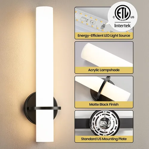 Miniatura 7 de AIJIASI Apliques de Pared Negros Juego de 2, Apliques de Baño de 18 pulgadas con Pantalla Acrílica 18W 3000K LED Regulables Apliques de Pared