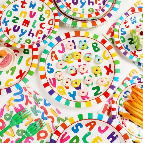 Miniatura 4 de OBUSATT 96 piezas de suministros de fiesta del alfabeto ABC cumpleaños platos de papel servilletas ABC decoraciones de regreso a la fiesta vajilla