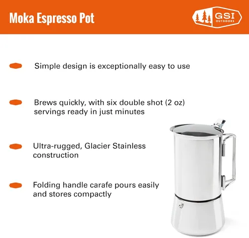 Miniatura 2 de GSI Outdoors 6 tazas de acero inoxidable Moka para estufa de café expreso para camping, viajes y cabaña