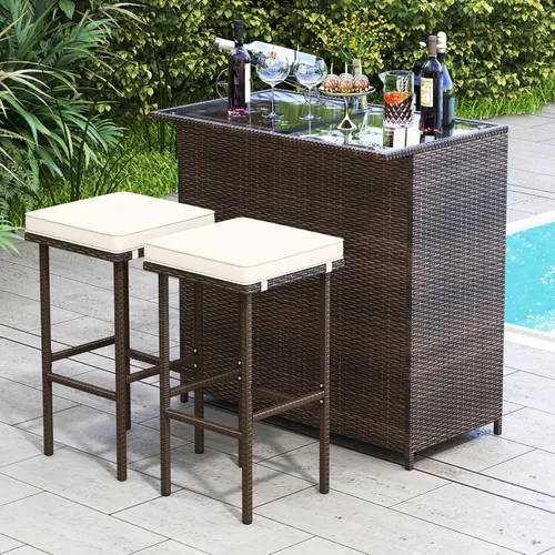 Miniatura 2 de Tangkula Juego de bar para patio, juego de 3 piezas de mimbre de ratán para exteriores con 2 cojines taburetes y mesa superior de cristal, juego