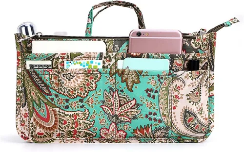 BTSKY Organizador de bolso de mano de impresión dentro del bolso, alta capacidad, 13 bolsillos, organizador con asa, flor de pavo real