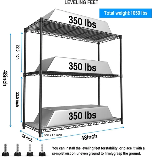 Miniatura 2 de pouseayar Estantería de alambre de metal NSF de 3 niveles, capacidad de 1050 libras, estante de almacenamiento ajustable resistente