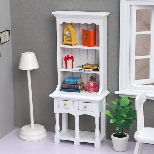 Miniatura 6 de AirAds Muebles para casa de muñecas a escala 1:12, gabinete de exhibición de madera en miniatura, mueble blanco (juego de 2) (gabinete de 2 cajones)