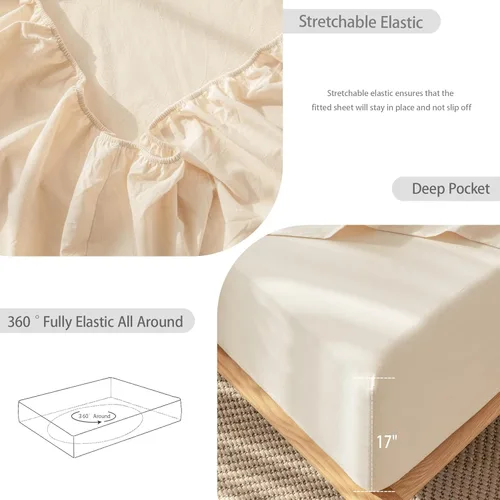 Miniatura 6 de MooMee - Juego de sábanas 100% algodón lavado, textura parecida al lino, transpirable, duradero, suave y cómodo (color beige arenoso, tamaño queen)