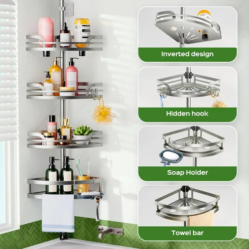 Miniatura 6 de HAMITOR Poste de tensión para regadera: estante de esquina de baño a prueba de óxido para inquilinos, organizador ajustable de 47 a 121 pulgadas