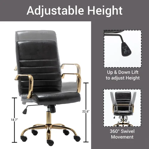 Miniatura 5 de BTEXPERT Silla de escritorio ajustable de piel sintética negra con brazos dorados, respaldo alto, para oficina en casa, (5162BK)