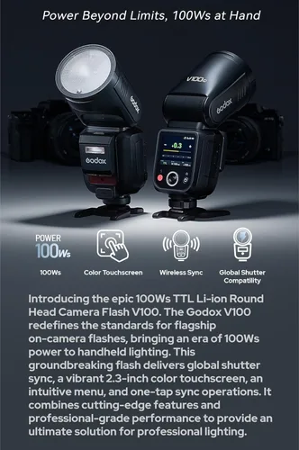 Miniatura 18 de GODOX V100 C Godox Flash para Canon - Flash TTL de 100Ws para cámaras Canon EOS, control de pantalla táctil, 400 destellos de potencia completa