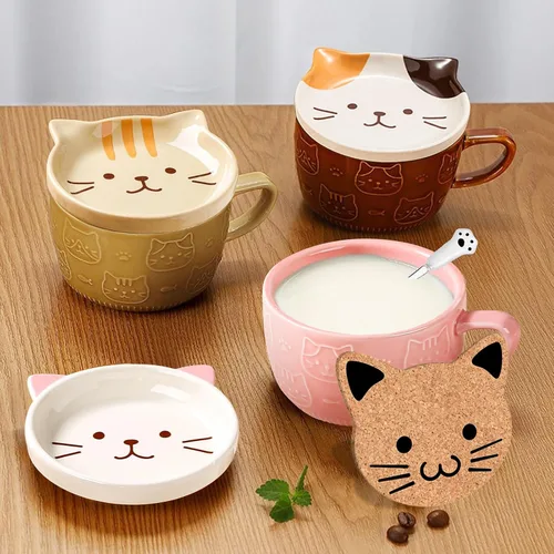 Miniatura 6 de BigNoseDeer 2 tazas lindas de cerámica Kawaii con gato, taza de café con tapa, tazas de té y platillos para postre, regalos lindos para amantes
