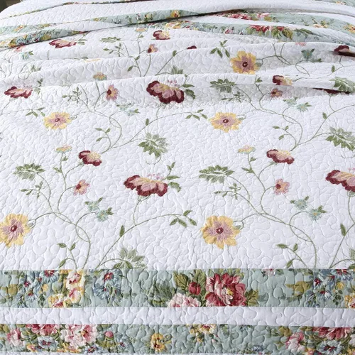 Miniatura 4 de vctops Juego de edredón bordado de algodón floral de 3 piezas, elegante, reversible, ligero, suave, con 2 fundas de almohada