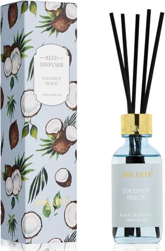 Airkeep Juego de difusor de junco, 3.38 onzas líquidas, difusor de aceite de playa de coco con 8 varillas de caña, difusor de varillas de fragancia