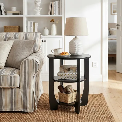 Miniatura 5 de Mesa auxiliar redonda, mesa auxiliar de 3 niveles con almacenamiento, mesa decorativa negra de 19.7 pulgadas, mesita de noche para dormitorio, sala