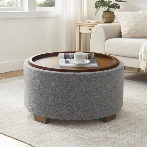 Miniatura 15 de Zihanhome Mesa de Centro Otomana de Almacenamiento Redonda de 30 Pulgadas, Otomana Boucle Moderna con Tapa Desmontable y Patas de Madera Maciza